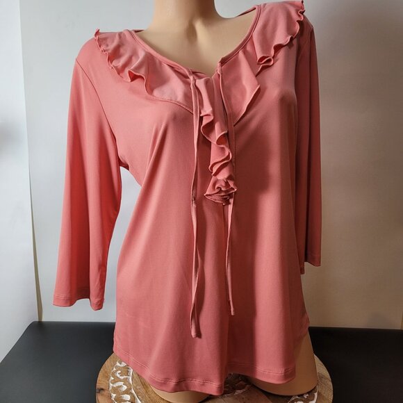 Southern Lady Pink Ruffled V-Neck Blouse W/Tie Front & 3/4 Sleeves Med. - Picture 3 of 13